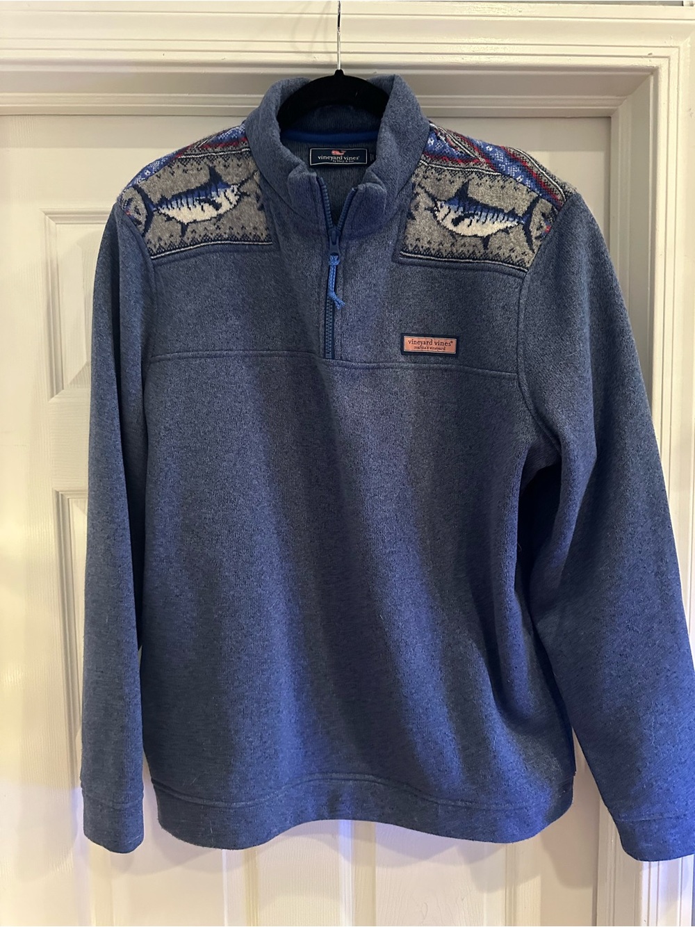 Vineyard Vines Blue Men's Quarter-Zip Sweater with Fish Shoulder Motif